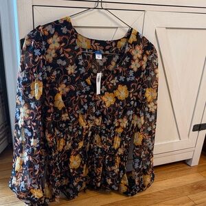 Old Navy Black Floral Blouse with Yellow and Orange Accents